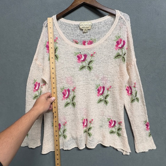 Wildfox Prairie Rose Print Open Knit Sweater M Cream Pink Long Sleeve - Picture 6 of 9